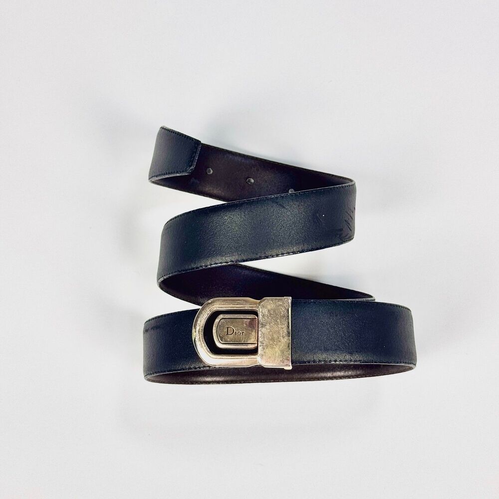 Christian Dior Belt Women's Black Leather Gold CD Buckle Vintage Made in Italy